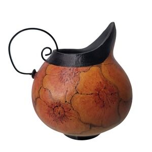VTG Handcrafted Real Gourd Pitcher Vase Folk Art Floral w/ Handle 3 1/2" Tall